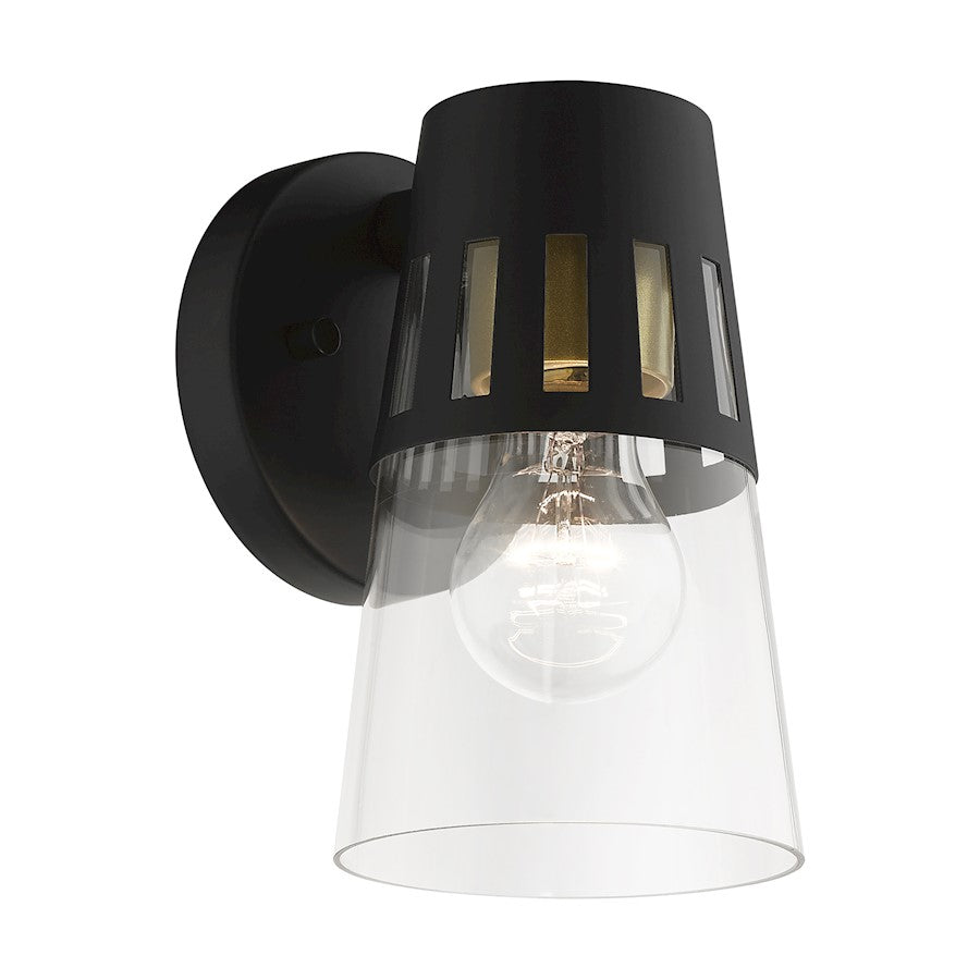 Livex Covington 1 Lt Outdoor Small Wall Lantern, Black/Gold/Clear