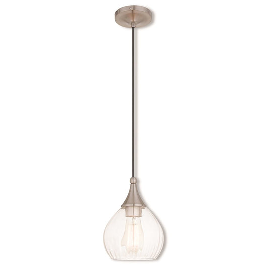 Livex Art Glass 11" 1 Light Mini Pendant, Brushed Nickel/Clear Glass