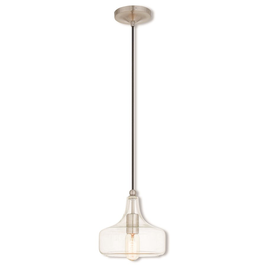 Livex Art Glass 8" 1 Light Mini Pendant, Brushed Nickel/Clear Glass