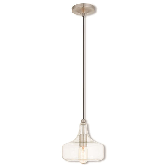 Livex Art Glass 8" 1 Light Mini Pendant, Brushed Nickel/Clear Glass