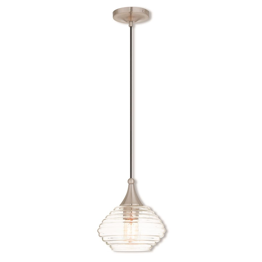 Livex Art Glass 10" 1 Light Mini Pendant, Brushed Nickel/Clear Glass