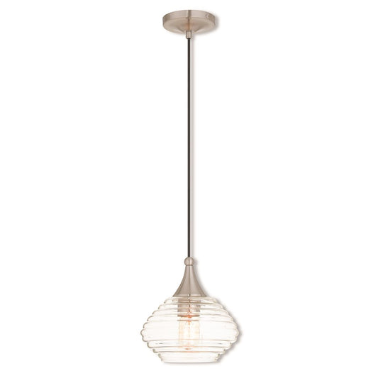 Livex Art Glass 10" 1 Light Mini Pendant, Brushed Nickel/Clear Glass