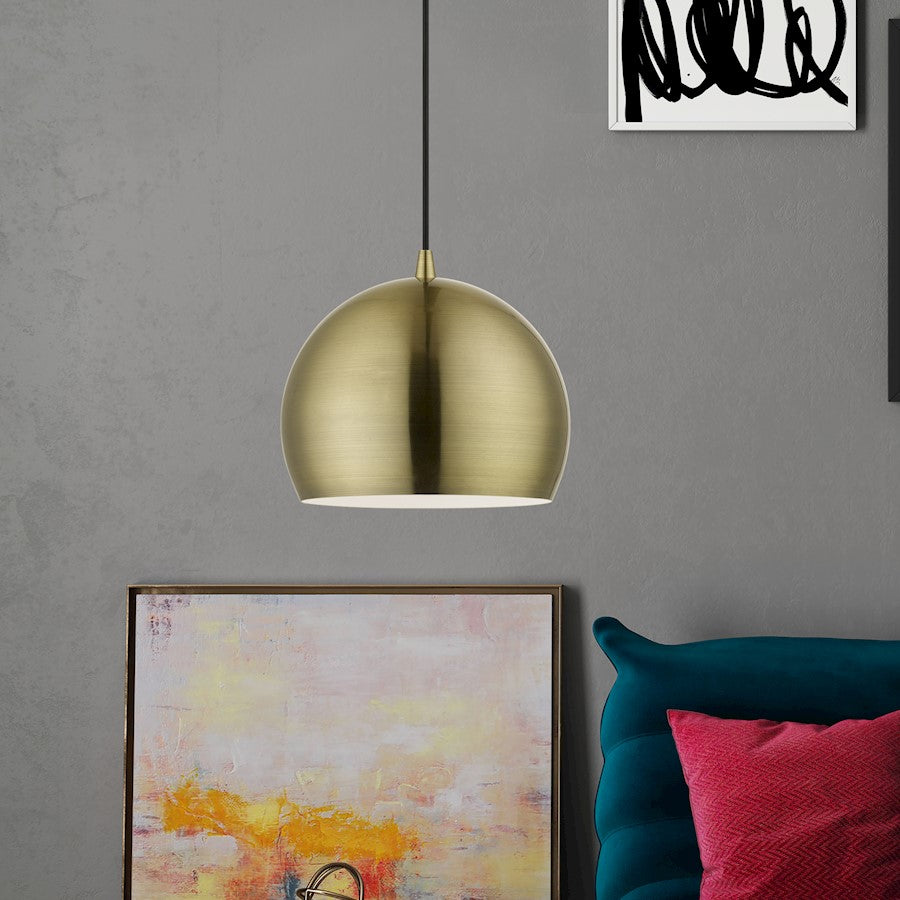 Livex Piedmont 1 Light Pendant, Brass/Brass Metal/White Inside