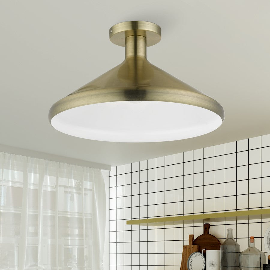 Livex Geneva 1 Light Semi-Flush Mount, Brass/Brass Metal/White Inside