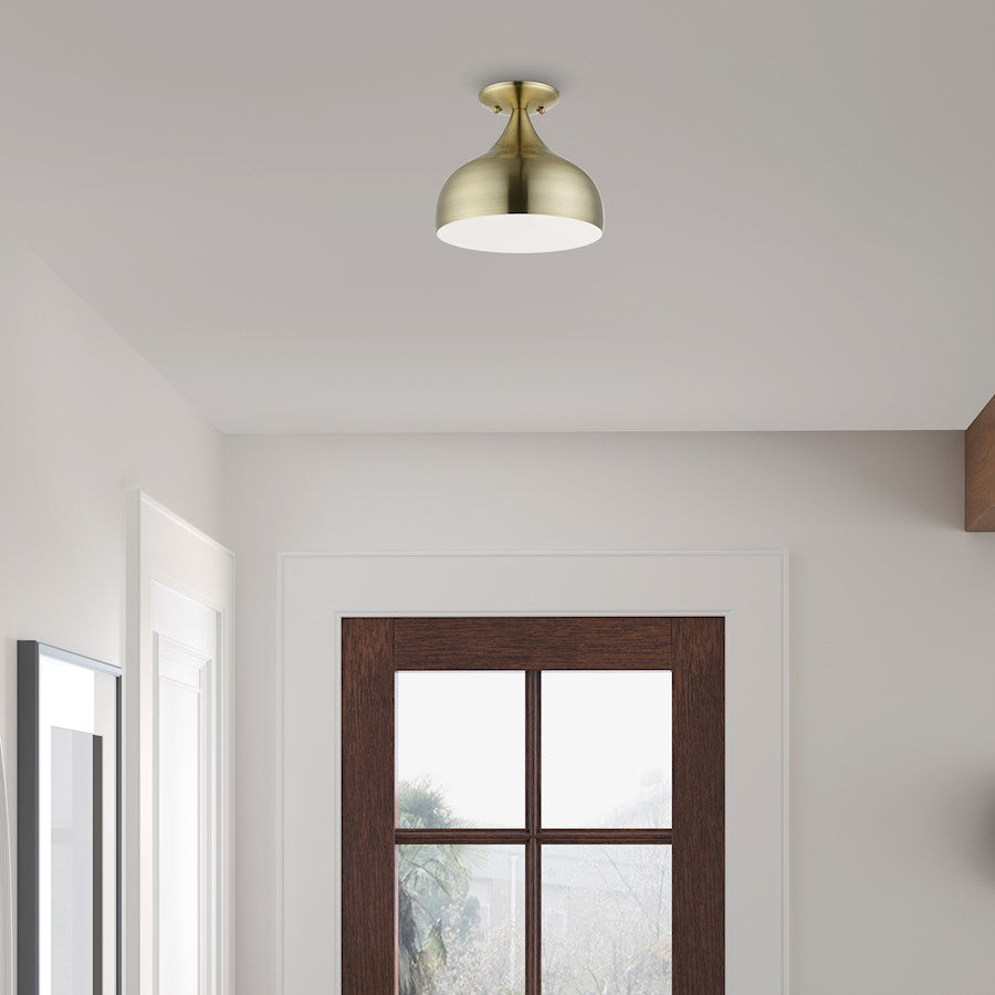 Livex Amador 1 Light Semi-Flush Mount, Brass/White Inside