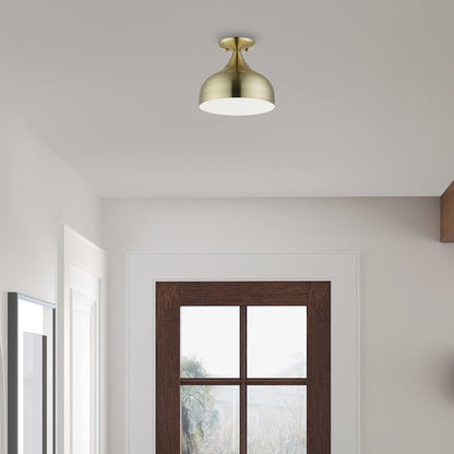Livex Amador 1 Light Semi-Flush Mount, Brass/White Inside