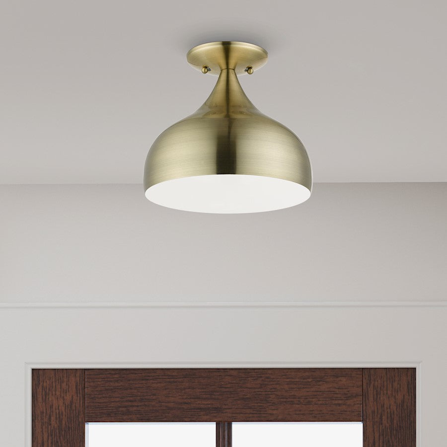 Livex Amador 1 Light Semi-Flush Mount, Brass/White Inside