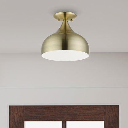 Livex Amador 1 Light Semi-Flush Mount, Brass/White Inside