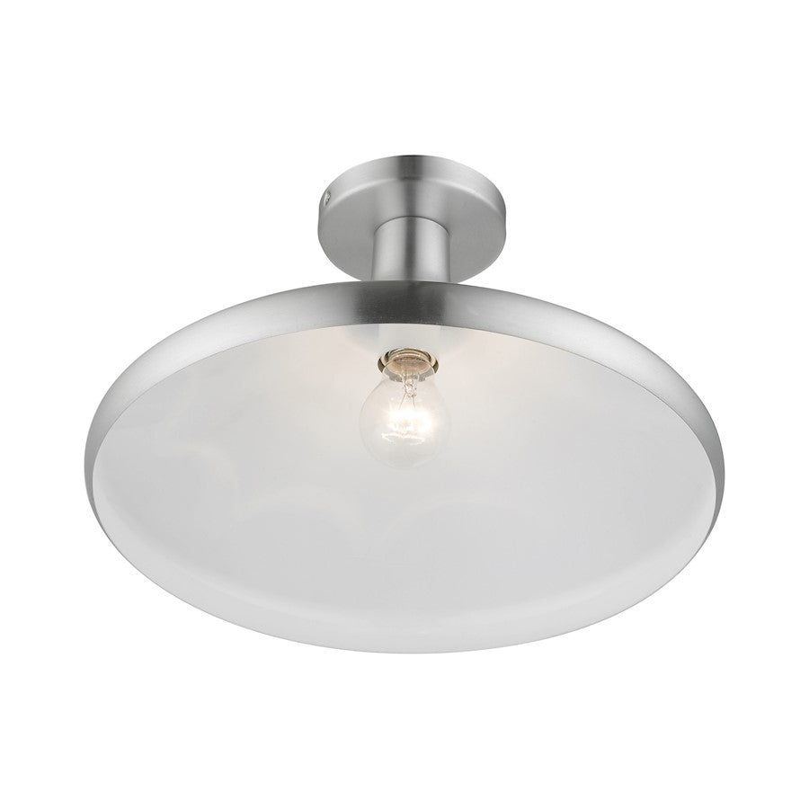 Livex Geneva 1 Light Semi-Flush Mount, Aluminum/Aluminum/White Inside
