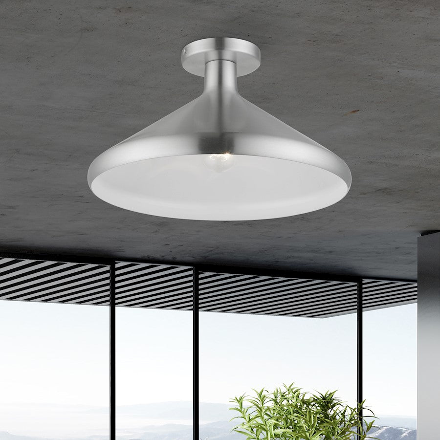Livex Geneva 1 Light Semi-Flush Mount, Aluminum/Aluminum/White Inside