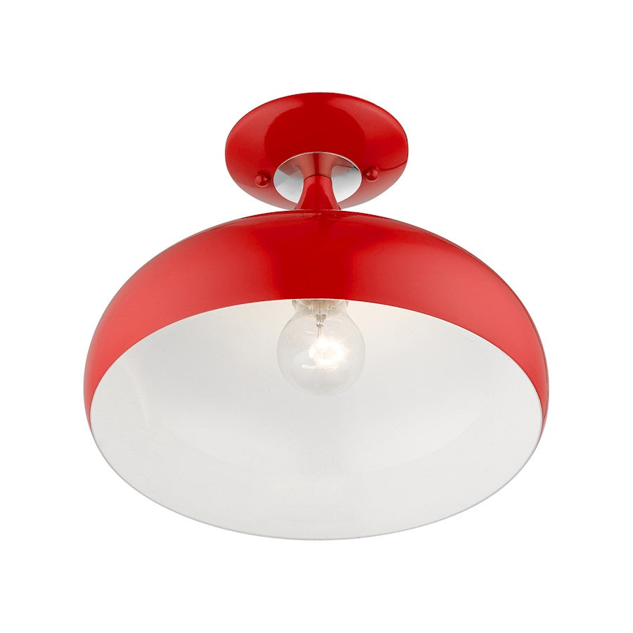 Livex Amador 1 Light Semi-Flush Mount, Red/Chrome/White Inside