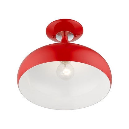 Livex Amador 1 Light Semi-Flush Mount, Red/Chrome/White Inside