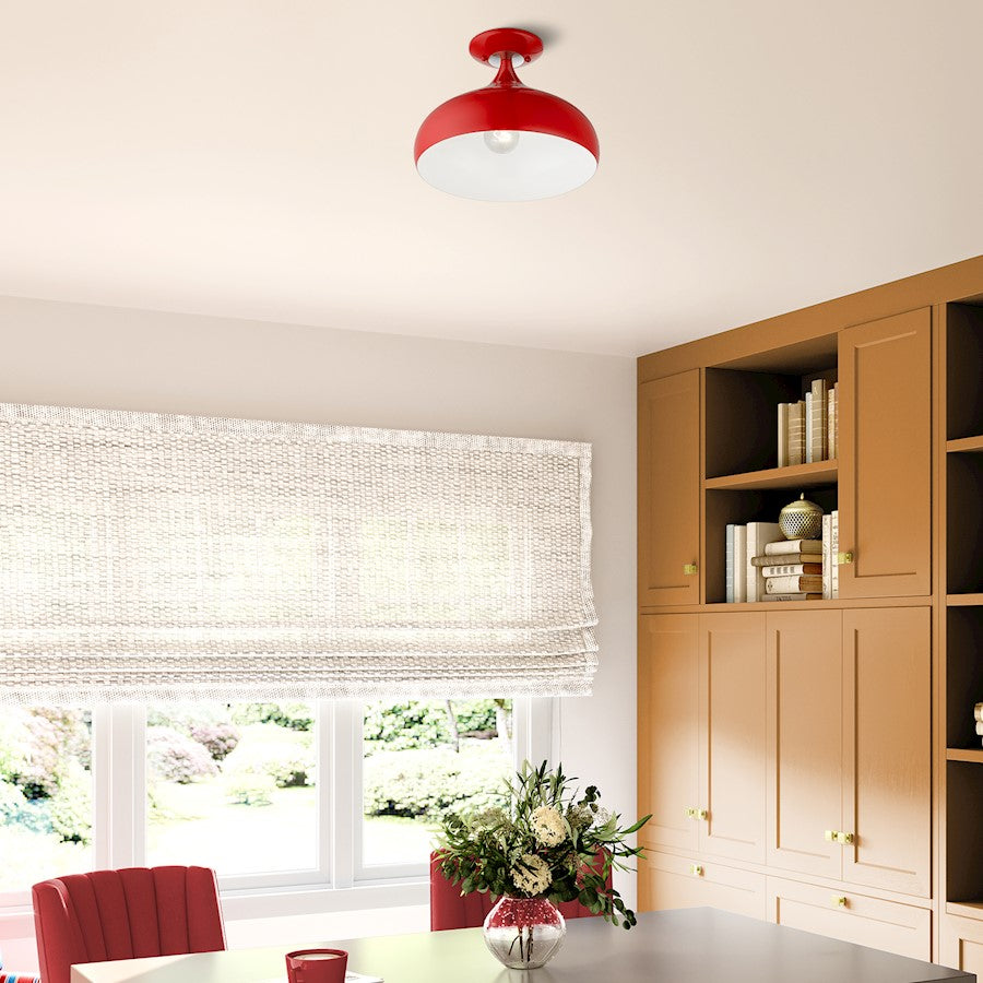 Livex Amador 1 Light Semi-Flush Mount, Red/Chrome/White Inside