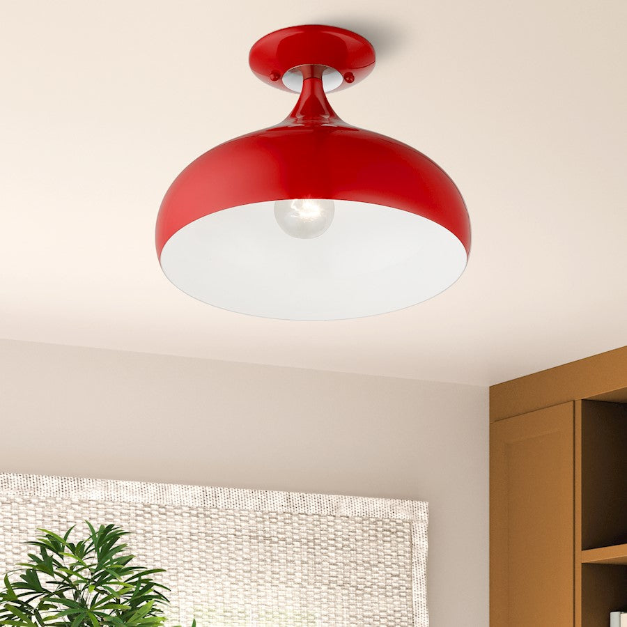 Livex Amador 1 Light Semi-Flush Mount, Red/Chrome/White Inside