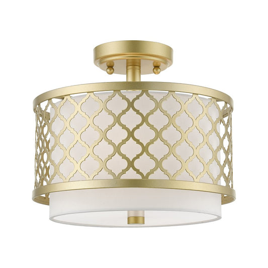 Livex Arabesque 2 Light Small Semi-Flush, Gold/Off-White/White Fabric