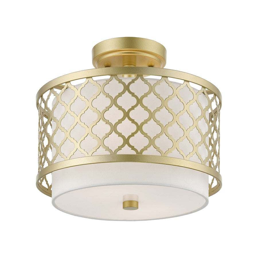 Livex Arabesque 2 Light Small Semi-Flush, Gold/Off-White/White Fabric