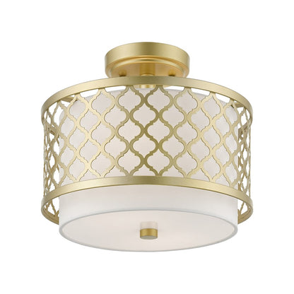 Livex Arabesque 2 Light Small Semi-Flush, Gold/Off-White/White Fabric