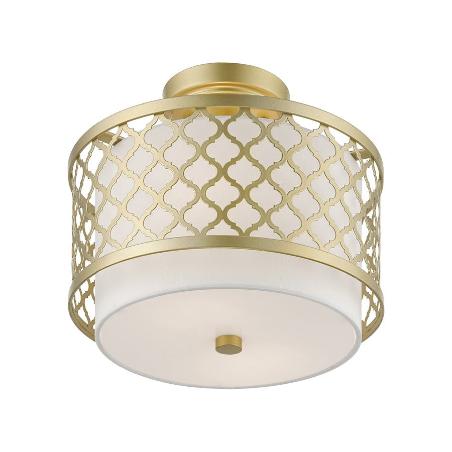 Livex Arabesque 2 Light Small Semi-Flush, Gold/Off-White/White Fabric