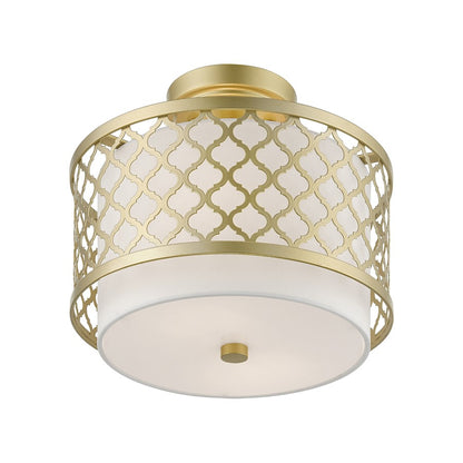 Livex Arabesque 2 Light Small Semi-Flush, Gold/Off-White/White Fabric