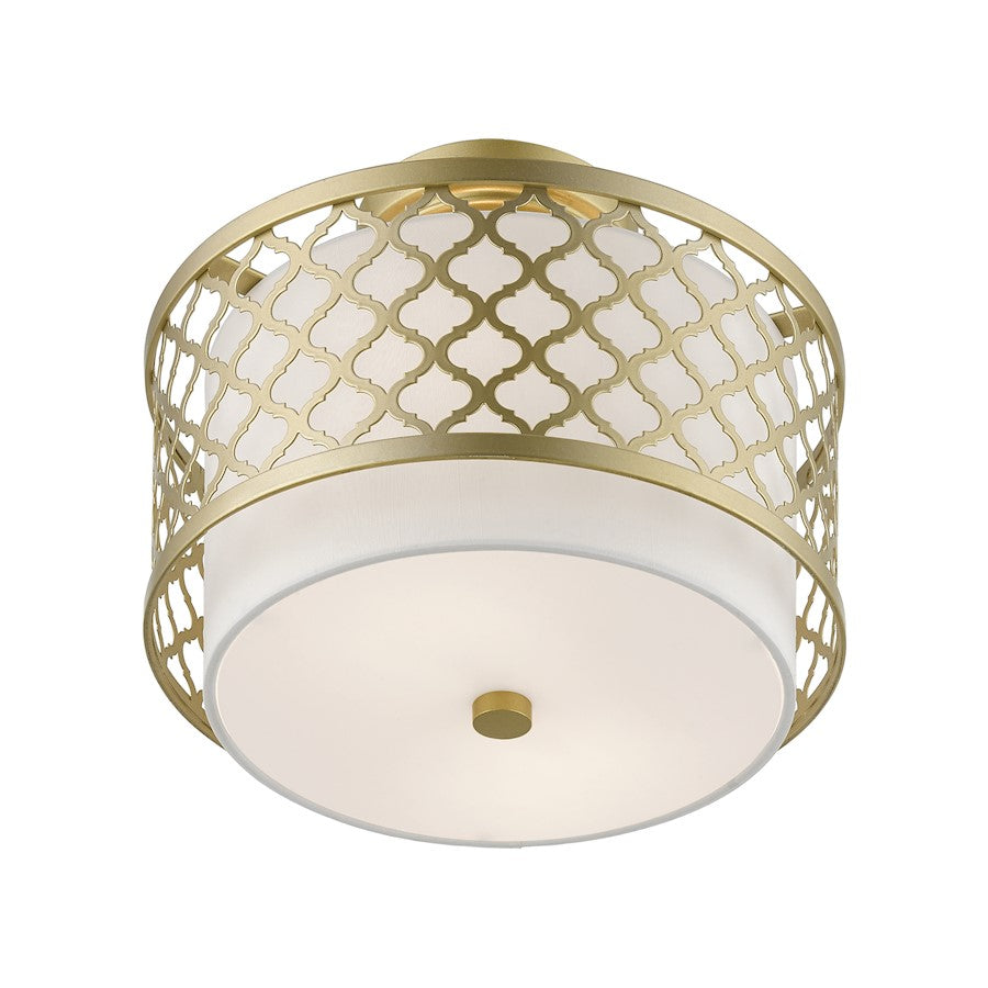 Livex Arabesque 2 Light Small Semi-Flush, Gold/Off-White/White Fabric