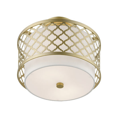 Livex Arabesque 2 Light Small Semi-Flush, Gold/Off-White/White Fabric