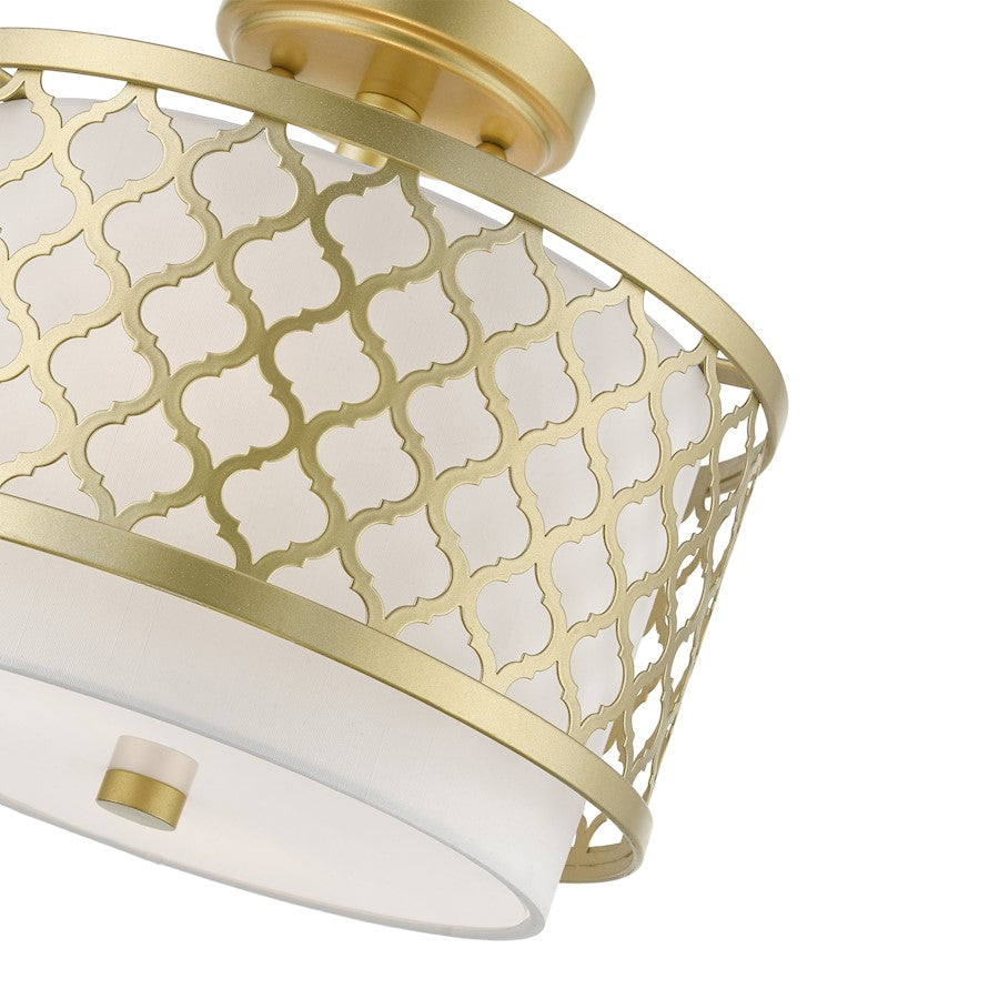 Livex Arabesque 2 Light Small Semi-Flush, Gold/Off-White/White Fabric