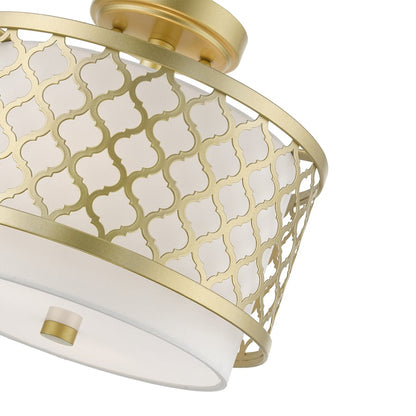 Livex Arabesque 2 Light Small Semi-Flush, Gold/Off-White/White Fabric