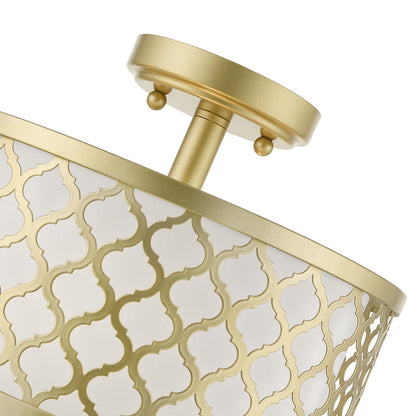 Livex Arabesque 2 Light Small Semi-Flush, Gold/Off-White/White Fabric