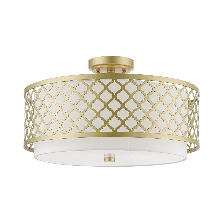 Livex Arabesque 3 Light Large Semi-Flush, Gold/Off-white/White Fabric