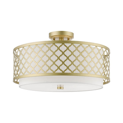 Livex Arabesque 3 Light Large Semi-Flush, Gold/Off-white/White Fabric
