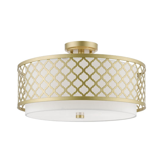 Livex Arabesque 3 Light Large Semi-Flush, Gold/Off-white/White Fabric