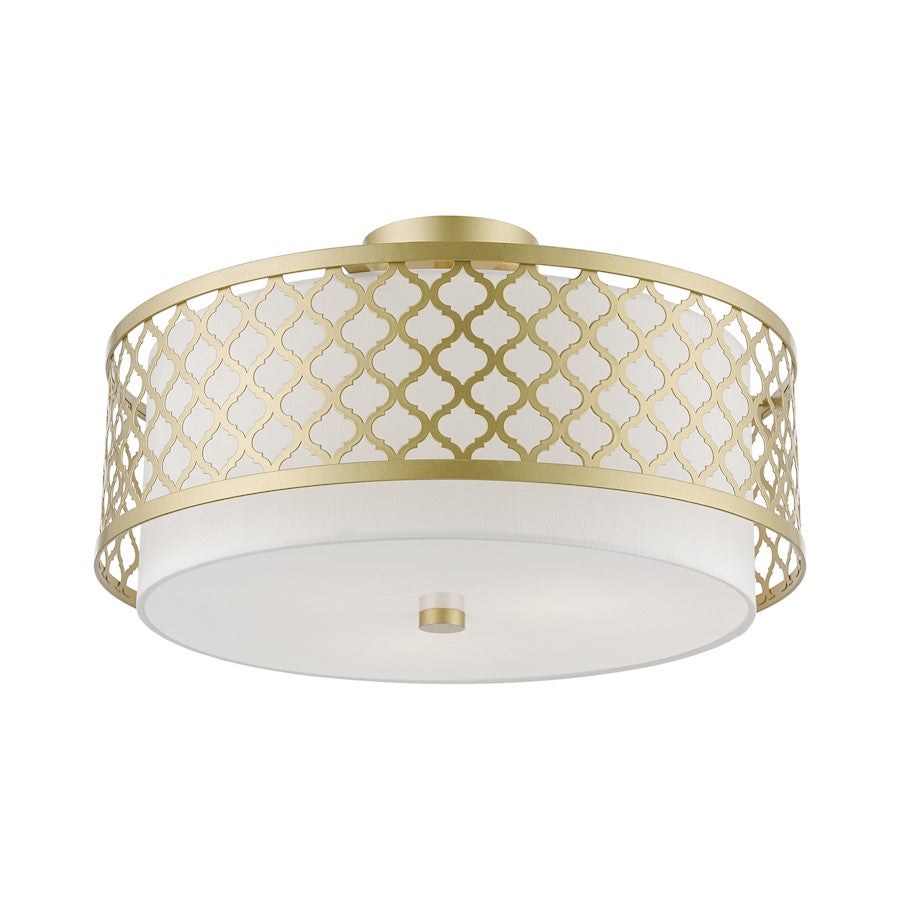 Livex Arabesque 3 Light Large Semi-Flush, Gold/Off-white/White Fabric