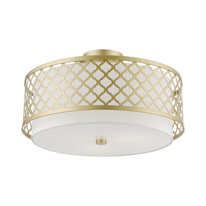 Livex Arabesque 3 Light Large Semi-Flush, Gold/Off-white/White Fabric