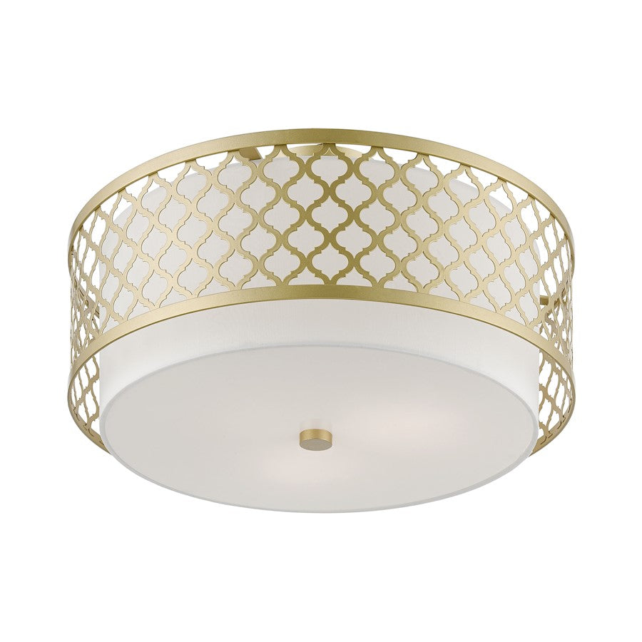 Livex Arabesque 3 Light Large Semi-Flush, Gold/Off-white/White Fabric