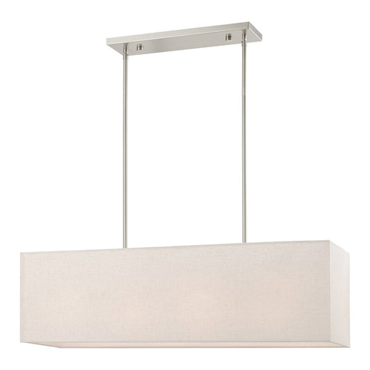 Livex Summit 4 Light Linear Chandelier, Nickel/Oatmeal/White Fabric