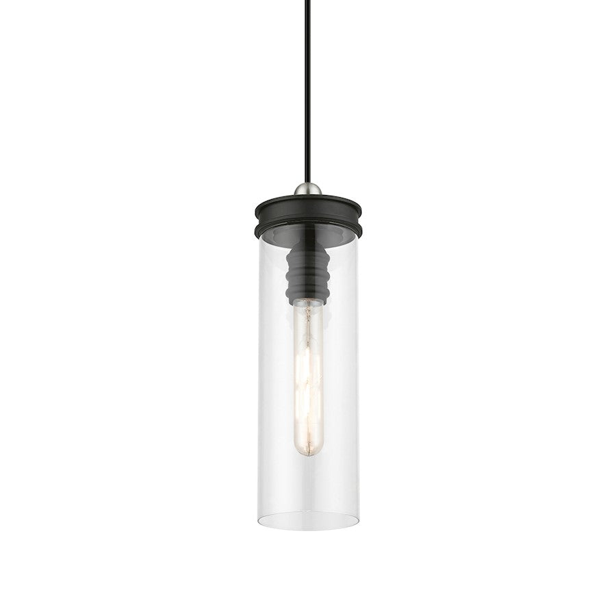 Livex Devoe 1 Light Mini Pendant, Black/Brushed Nickel Accent/Clear