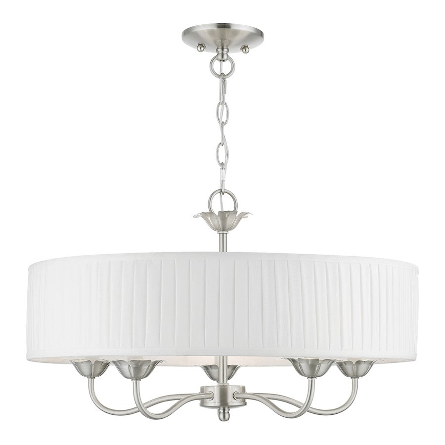 Livex Edinburgh 5 Light Pendant Chandelier, Nickel/Off-White/White