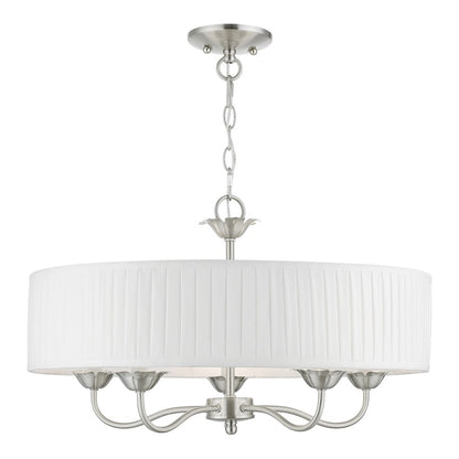 Livex Edinburgh 5 Light Pendant Chandelier, Nickel/Off-White/White