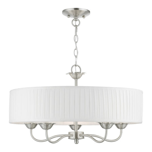 Livex Edinburgh 5 Light Pendant Chandelier, Nickel/Off-White/White