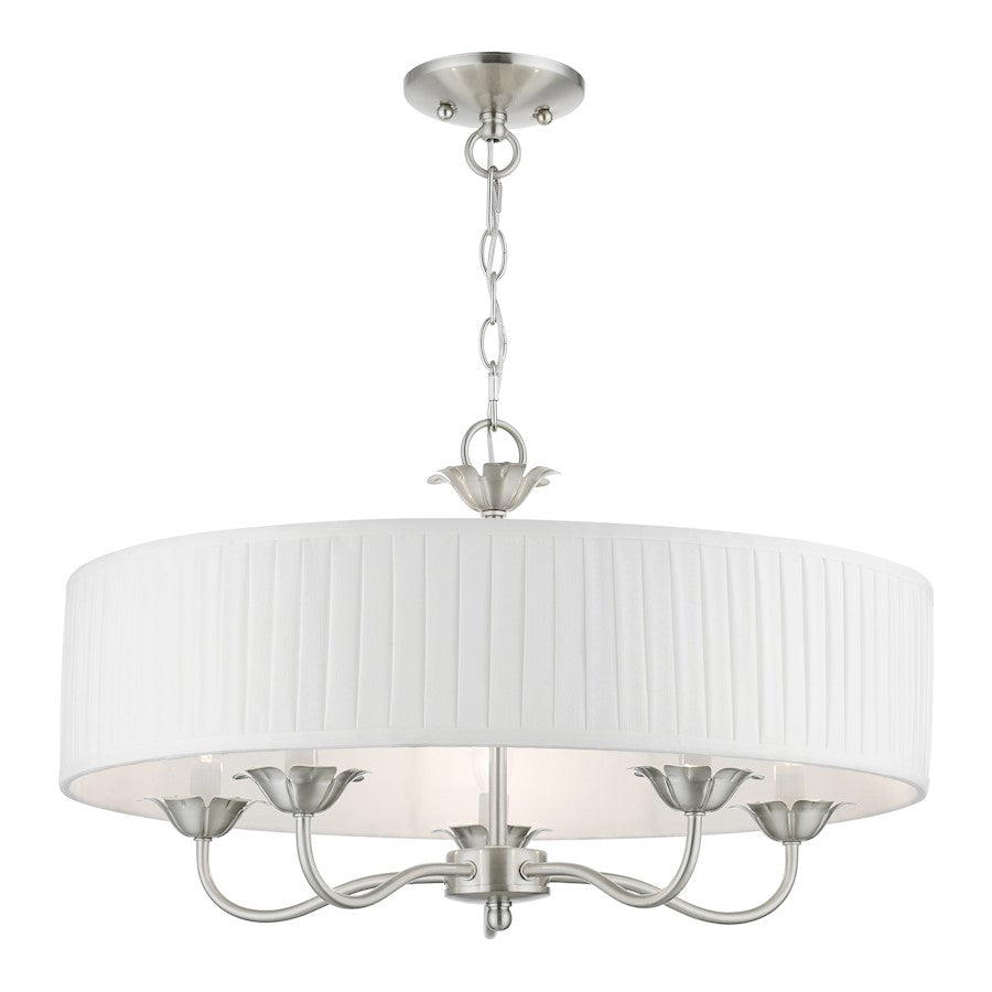Livex Edinburgh 5 Light Pendant Chandelier, Nickel/Off-White/White