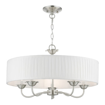 Livex Edinburgh 5 Light Pendant Chandelier, Nickel/Off-White/White