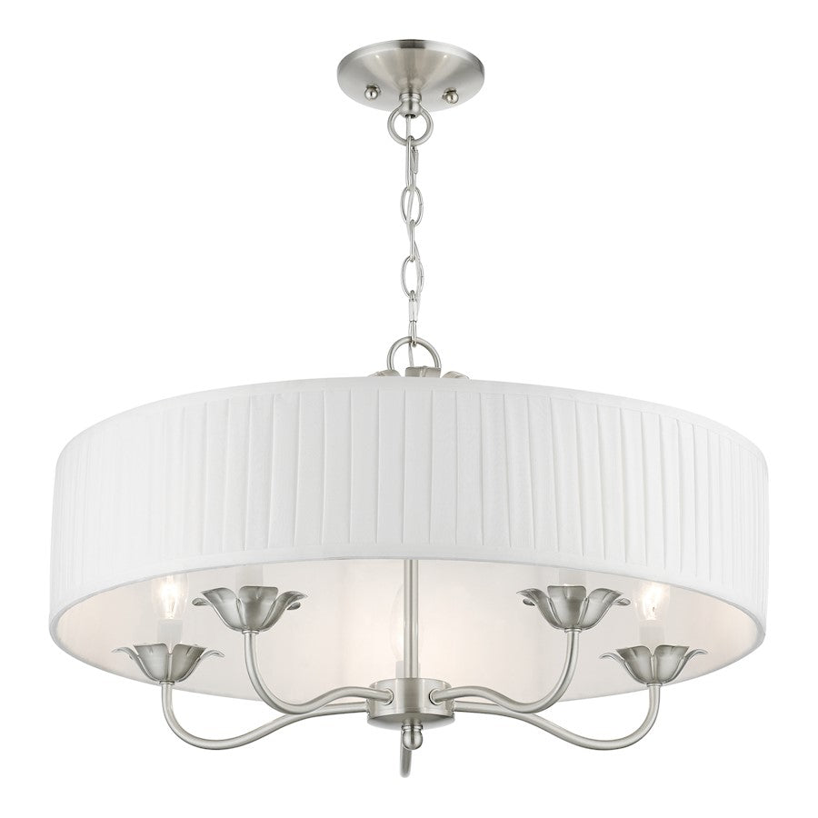 Livex Edinburgh 5 Light Pendant Chandelier, Nickel/Off-White/White