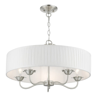 Livex Edinburgh 5 Light Pendant Chandelier, Nickel/Off-White/White
