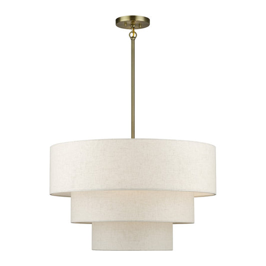 Livex Manorwood 5Lt Medium Pendant Chandelier, Brass/Oatmeal/White - 41936-01