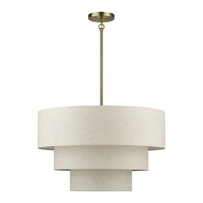 Livex Manorwood 5Lt Medium Pendant Chandelier, Brass/Oatmeal/White