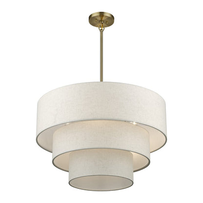 Livex Manorwood 5Lt Medium Pendant Chandelier, Brass/Oatmeal/White