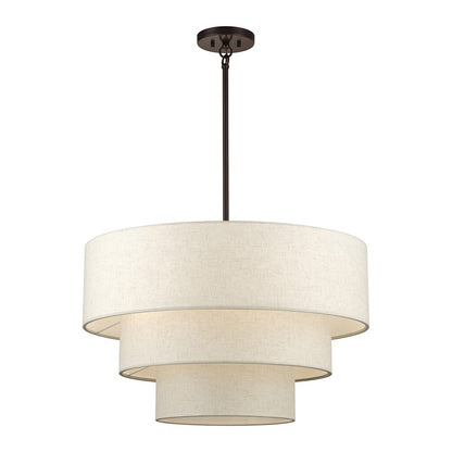 Livex Manorwood 5Lt Medium Pendant Chandelier, Bronze/Oatmeal/White