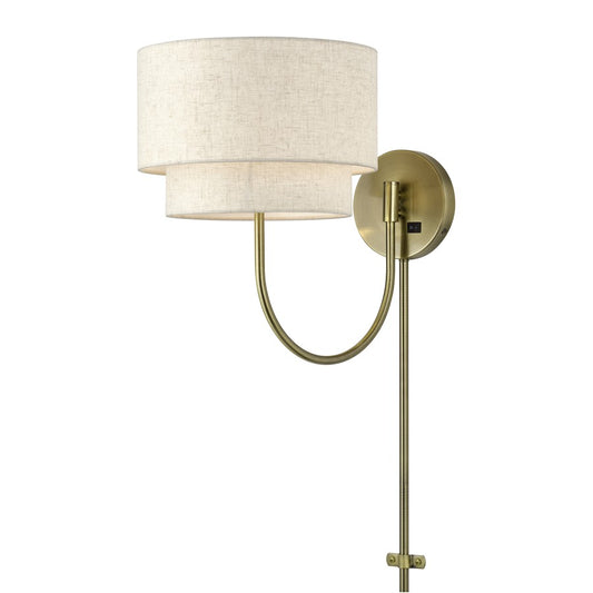 Livex Manorwood 1Lt Swing Arm Wall Lamp, Brass/Oatmeal/White - 41940-01