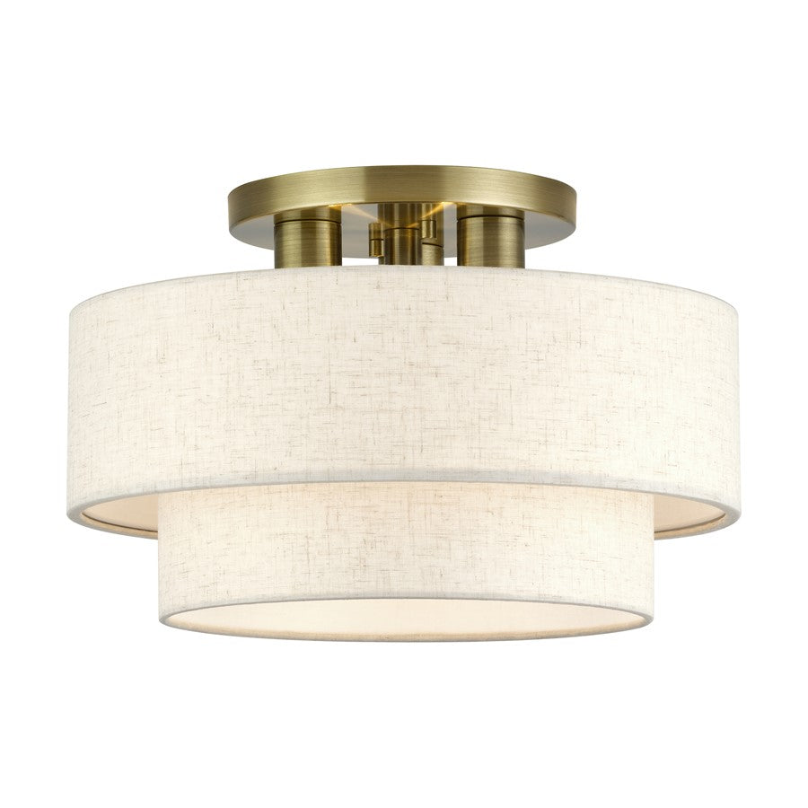 Livex Manorwood 3Lt 9.5" Semi-Flush, Brass/Oatmeal/White - 41944-01