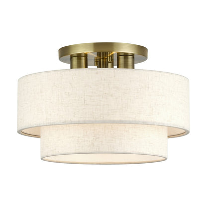 Livex Manorwood 3Lt 9.5" Semi-Flush, Brass/Oatmeal/White - 41944-01